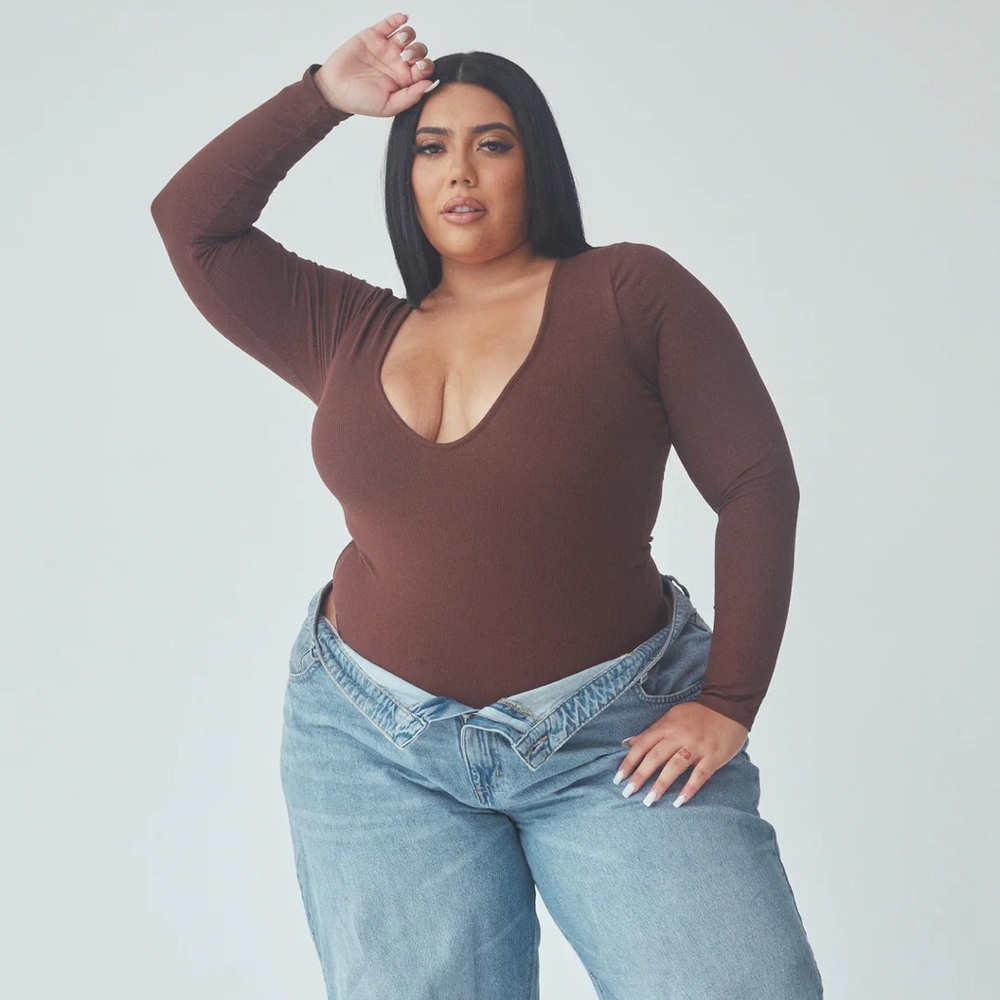 Klassy Network Brown Long Sleeve V-Neck Bodysuit